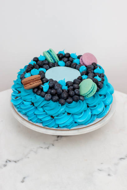 istock Meringue blue colored Pavlova cake with whipped cream and fresh blueberries. Plain grey background, copy space for text or inscription. 1473512297