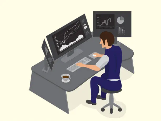 Vector illustration of Businessman or stock market trader working at desk.