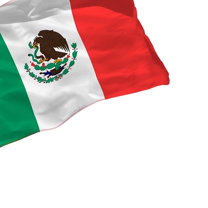 Mexico flag. 3d illustration. with white background space for text. Close-up view.