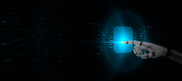 istock Abstract technology background, the circuit board in dark blue color, Robot hand clicks on digital technology cyberspace, futuristic innovative digital solution internet of thing wireless connecting 1473514500
