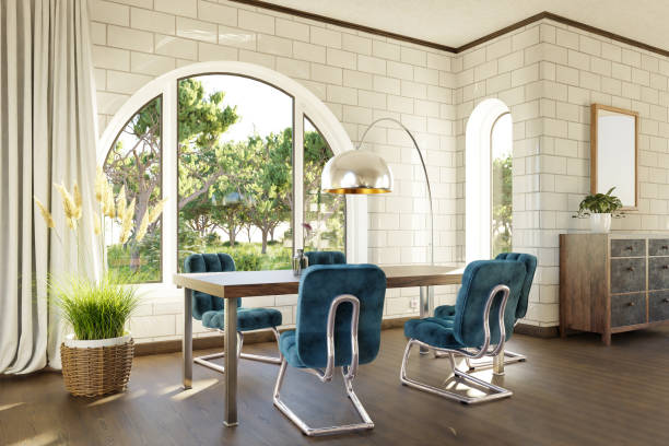 istock luxurious loft apartment with arched window and landscape view; noble dining room interior design mock up; 3D Illustration 1473514798