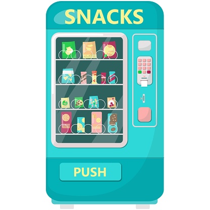 Vector snack vending machine illustration. Automatic device front view with push button. Automat selling chips, nuggets, cracker bisquit, chocolate bar isolated icon on white background