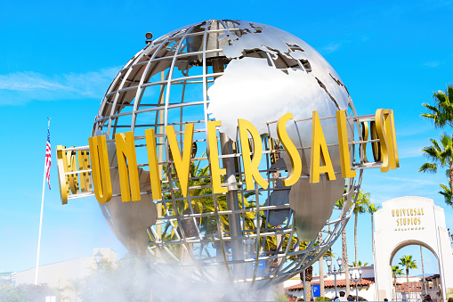 LOS ANGELES, CALIFORNIA - JANUARY 18, 2023: Universal Studios Globe at the Entrance to Theme Park