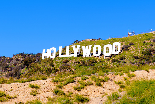 LOS ANGELES, CALIFORNIA - FEBRUARY 01, 2023: Hollywood Sign Against Blue Sky on Hill
