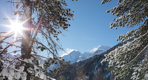 Pontresina, Switzerland on December 29, 2017: Pontresina valley with Piz Bernina and Piz Boval mountain peak