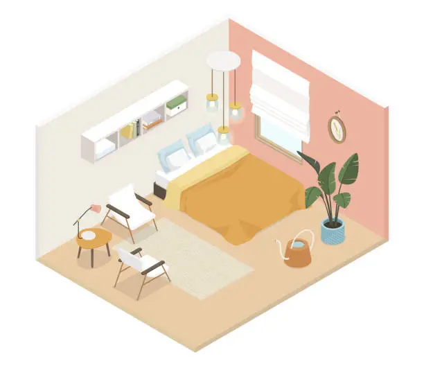 Vector illustration of Bedroom design - modern vector colorful isometric illustration
