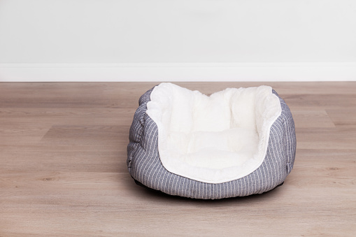 Grey and white empty textile basket bed for dog or cat on a wooden floor at home. Pets care and wellbeing concept.  Preparations to adopt a pet.