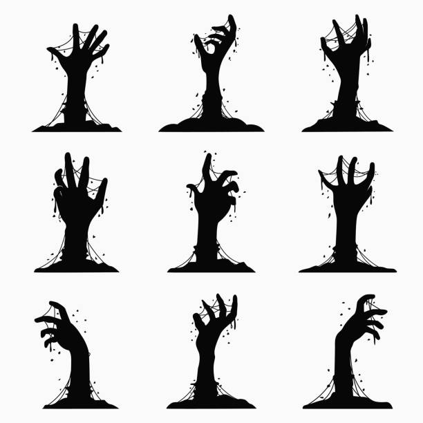 ilustrações, clipart, desenhos animados e ícones de silhuetas da mão zumbi dos desenhos animados - human arm human hand hand raised silhouette