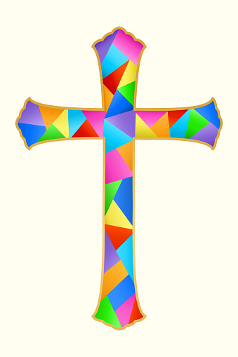 Christian cross colorful stained glass style design religion sign isolated vector.