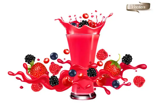 Vector illustration of Red berry juice splash wave. Whole and sliced strawberry, raspberry, cherry, blueberry  in a sweet syrup wave with splashes and glass with juice isolated on transparent background. Vector.