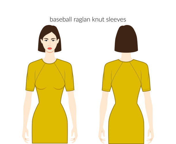 ilustraciones, imágenes clip art, dibujos animados e iconos de stock de baceball raglán mangas cortas de punto de punto dama en vestidos, tops, camisas técnica de moda ilustración con cuerpo ajustado. plantilla de ropa plana en la parte delantera, en la parte posterior. maqueta cad unisex para mujeres, hombres - shirt women isolated camisole