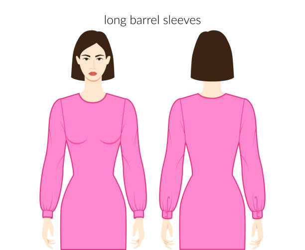 Long Barrel sleeves Bag long length clothes character lady in dress, top, shirt technical fashion illustration with fitted body. Flat apparel template front, back sides. Women, men unisex CAD mockup Long Barrel sleeves Bag long length clothes character lady in dress, top, shirt technical fashion illustration with fitted body. Flat apparel template front, back sides. Women, men unisex CAD mockup wedding dress back stock illustrations