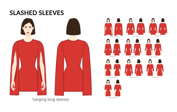 Set of Slashed sleeves clothes long, short, hanging, cape, slashed, slit technical fashion illustration with fitted body. Flat apparel template front side. Women, men unisex CAD mockup Set of Slashed sleeves clothes long, short, hanging, cape, slashed, slit technical fashion illustration with fitted body. Flat apparel template front side. Women, men unisex CAD mockup wedding dress back stock illustrations