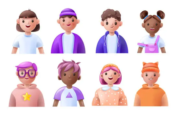 Vector illustration of 3D kid avatar set, school teen boy girl cartoon character, vector young child face icon cute smile.