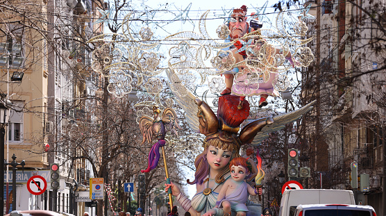 Valencia, Spain. March 14 2023 - Papier Mache statues are displayed in the streets and to honour St Joseph are burnt on the evening March 19. Las Fallas Festival