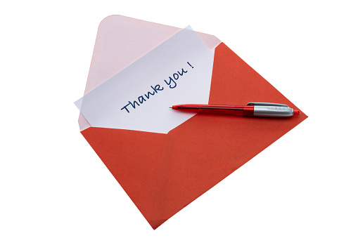 A Thank you note in an envelope - white background