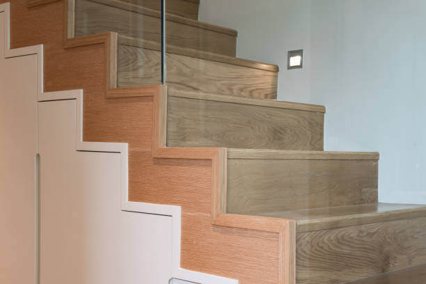istock wooden modern stairs and railing 1473523318