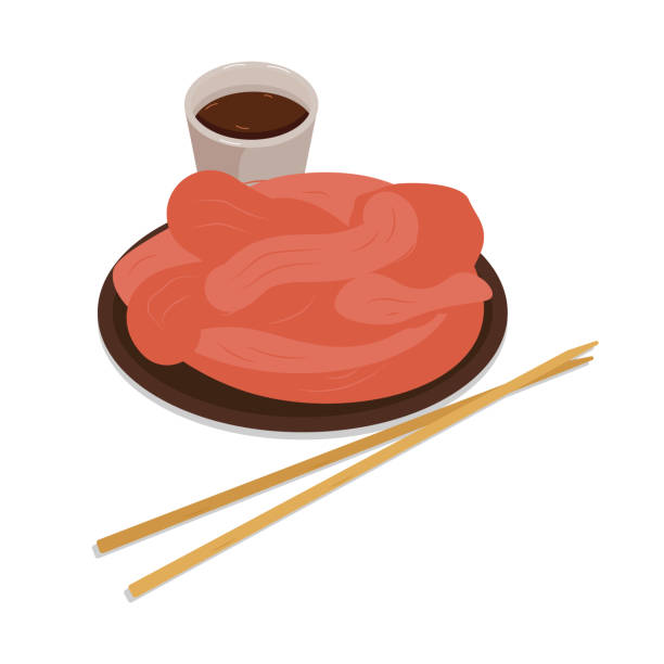 ilustrações, clipart, desenhos animados e ícones de prato com gengibre em conserva e molho de soja - chopsticks nobody red white background