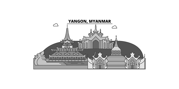 Myanmar, Yangon city isolated skyline vector illustration, travel landmark