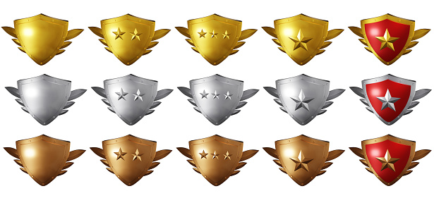 RPG reward medal, knight defence armour, success sign, guarantee star emblem. Golden shield asset