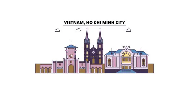 Vector illustration of Vietnam, Ho Chi Minh City tourism landmarks, vector city travel illustration