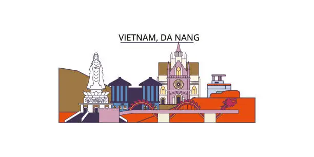 Vector illustration of Vietnam, Da Nang tourism landmarks, vector city travel illustration