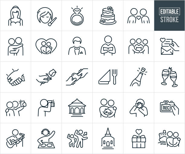 Marriage And Wedding Thin Line Icons - Editable Stroke A set of marriage and wedding icons that include editable strokes or outlines using the EPS vector file. The icons include a bride, bride getting makeup done, diamond wedding ring, wedding cake, couple leaning in for a kiss, couple slow dancing together, couple holding hands, groom, wedding officiator, couple being married by a clergyman, wedding invitation, holding hands with ring on finger, hand holding a rose, one hand giving another hand a heart, napkin with utensils, champaign with cork popping, two champagne flutes giving a toast, couple taking a selfie, wedding photographer taking pictures, gazebo, couple holding house together, wedding video, wedding singer playing guitar and singing, DJ playing at wedding, people dancing at wedding, wedding church, wedding gift and a couple taking a cruise for their honeymoon. diamond ring clipart stock illustrations