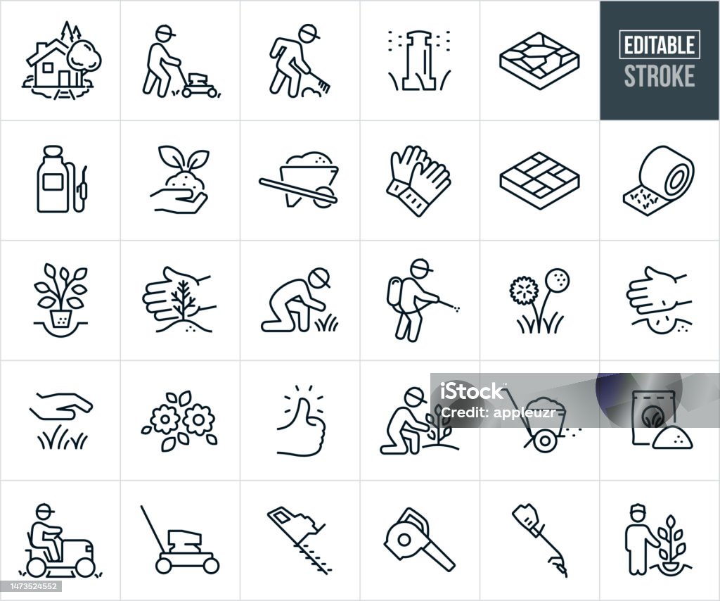 Aménagement paysager et jardinage Icônes de lignes minces - Trait modifiable - clipart vectoriel de Icône libre de droits Aménagement paysager et jardinage Icônes de lignes minces - Trait modifiable - clipart vectoriel de Icône libre de droits