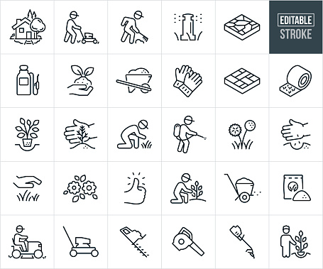A set of landscaping and gardening icons that include editable strokes or outlines using the EPS vector file. The icons include a house with landscaping, landscaper mowing lawn with push mower, landscaper using a rake to landscape ground, sprinkler watering lawn, stone patio landscaping, pump sprayer, hand holding soil with a plant, wheelbarrow full of soil, yard work gloves, stone pavers, roll of sod, tree with rootball being planted, hand sheltering growing sapling, gardener inspecting grass growth, landscaper using pump sprayer to spray yard, dandelion weed, green thumb, hand panting seeds. hand feeling grass, flowers, landscaper nurturing tree, fertilizer spreader, bag of fertilizer, landscaper mowing lawn using a ride-on lawnmower, lawnmower, hedge trimmer, leaf blower, lawn edger and other related icons.