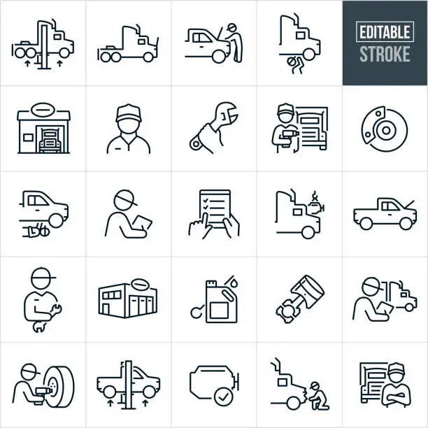 Vector illustration of Diesel Mechanics Thin Line Icons - Editable Stroke