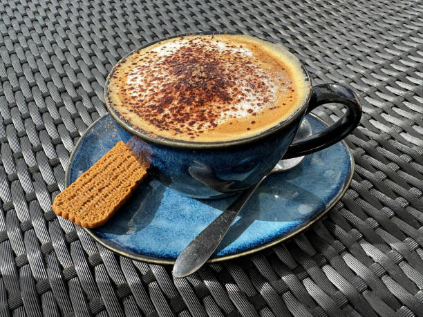 A hot cup of cappuccino with a biscoff biscuit