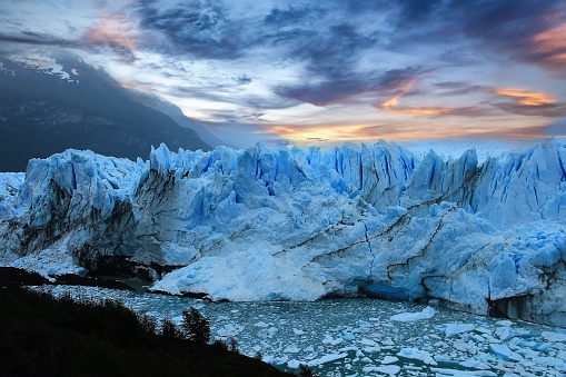The Perito Moreno Glacier is one of the largest in Patagonia at 30 kilometers long. The glacier descends from the Southern Patagonian Icefield down into the water and warmer altitudes of Lago Argentino at 180 meters above sea level.