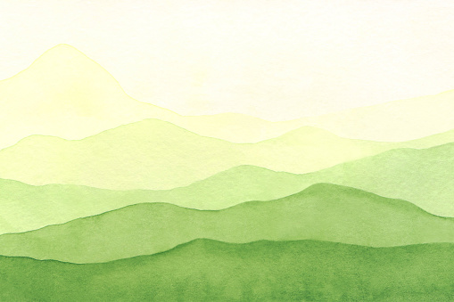 Watercolor, abstract, texture background with a view of green hills, fields and mountains. Drawn by hand. For decoration and design with place for text.