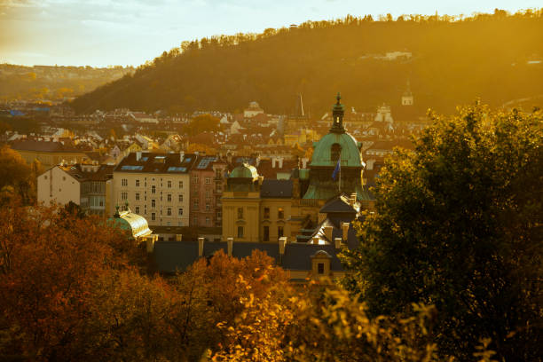 landscape with Straka Academy dome in the evening in autumn in Prague, Czech Republic.