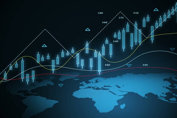 istock View from top on world map part on dark background with digital glowing financial chart candlestick and data indicators. 3D rendering 1473530559