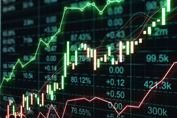 istock Perspective view on digital glowing rising up candlestick and green graph on dark background with stock market indicators, trading and investing concept. 3D rendering 1473530569