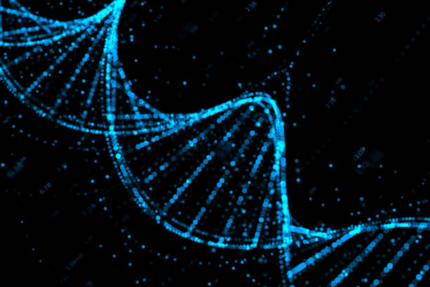Gene cell, medicine, biotechnology and biology concept with blue digital DNA molecule on abstract dark background. 3D rendering
