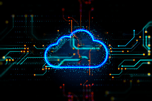 Data storage and cloud computing concept with digital glowing blue cloud symbol with microcircuit on dark background. 3D rendering