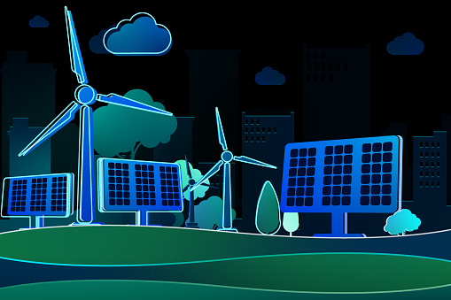 Green and renewable energy concept with digital windmills, solar panels dark city on background. 3D rendering