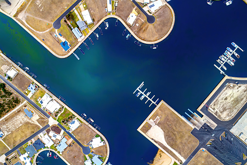Mount Pleasant, South Carolina, USA - November 24, 2016: Charleston Harbor Marina is located on the Cooper River between Shem Creek and the USS Yorktown. With 459 boat slips, it is the largest in water marina in the state of South Carolina. The marina is across the river from Charleston which is the oldest and second-largest city in the southeastern State of South Carolina, and known for its history, architecture, gardens and restaurants.