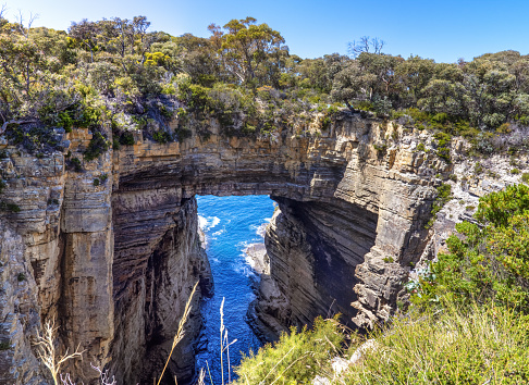 A panorama of the Tasman or Tasmans Arch, a natural rock bridge over the sea at Eaglehawk Neck, near Port Arthur, Tasmania. This towering arch is covered with a eucalyptus forest.