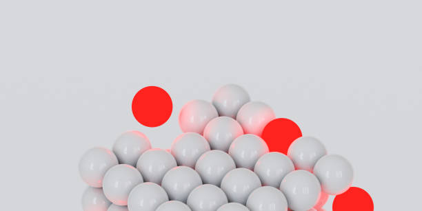 3d white cube with glowing red spheres. Abstract primitive shapes on white background. 3d illustration. 3d rendering.