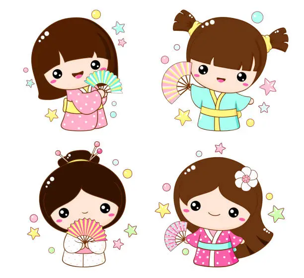 Vector illustration of Set of cute little girls with fans in kawaii style. Hanami season collection of Japanese traditional toy kokeshi doll in kimono