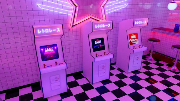 Retro neon glowing arcade machines in a diner. 3D render illustration.