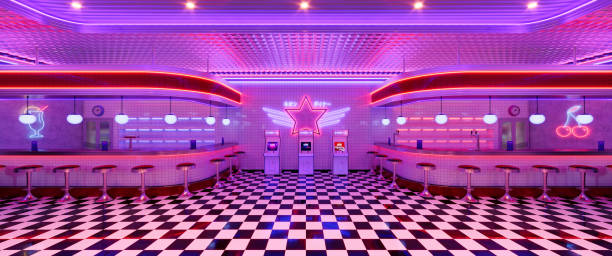 istock Retro diner interior with tile floor, neon illumination, vintage arcade machine and bar stools. 3d illustration. 1473536377
