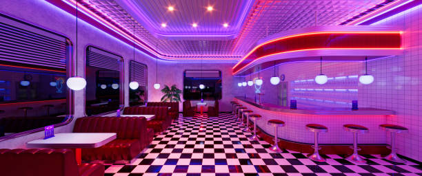 istock Retro diner interior with tile floor, neon illumination, vintage arcade machine and bar stools. 3d illustration. 1473536403