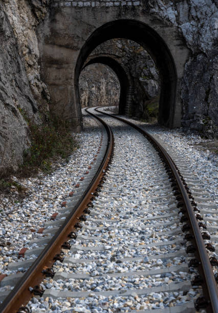 Autumn Serbian mountain misty landscape with railway tunnel.