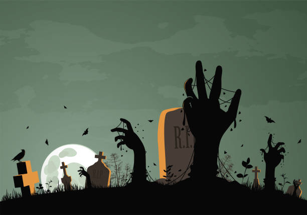 녹색 밤에 묘지에서 떠오르는 좀비 - zombie halloween cemetery human hand stock illustrations