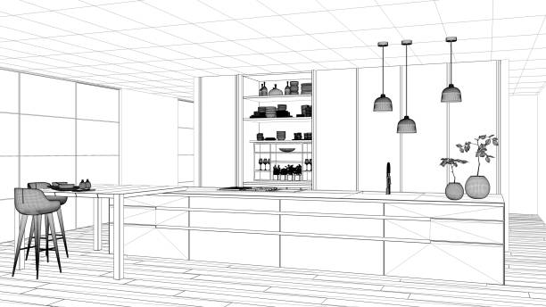 istock Blueprint project draft, minimalist kitchen, island, table, stools and open cabinet with accessories, window, bamboo, hydroponic vases, parquet , interior design concept idea 1473540849