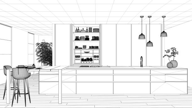 istock Blueprint project draft, minimalist kitchen, island, table, stools and open cabinet with accessories, window, bamboo, hydroponic vases, parquet , interior design concept idea 1473540972